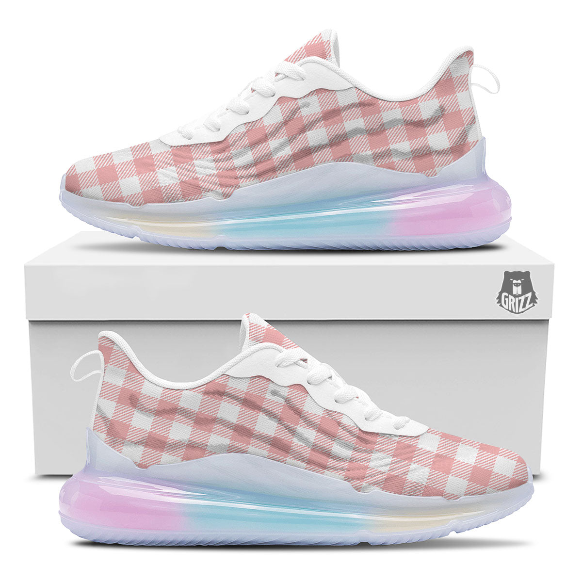 Pink And White Gingham Print Pattern Running Sneakers-grizzshop