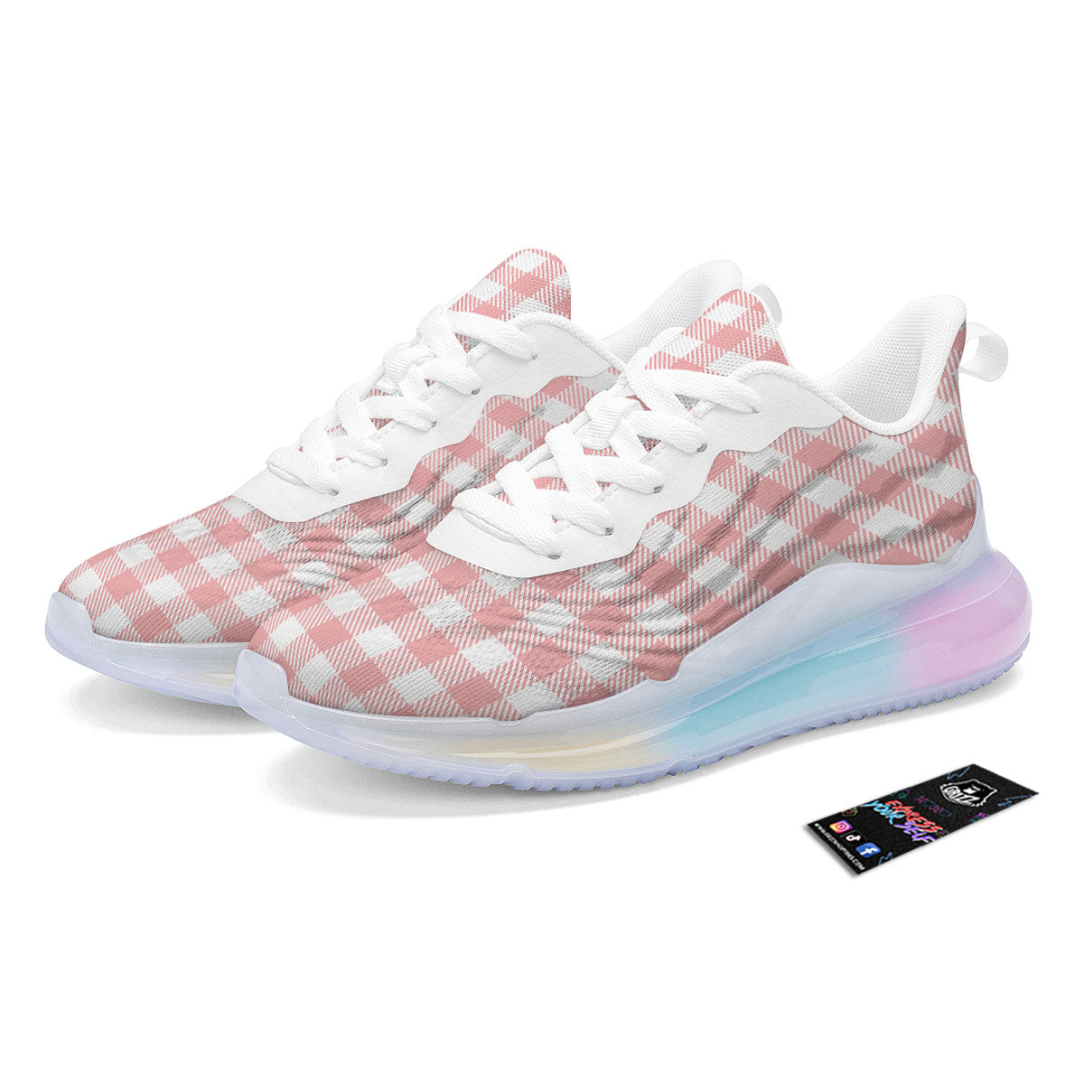 Pink And White Gingham Print Pattern Running Sneakers-grizzshop
