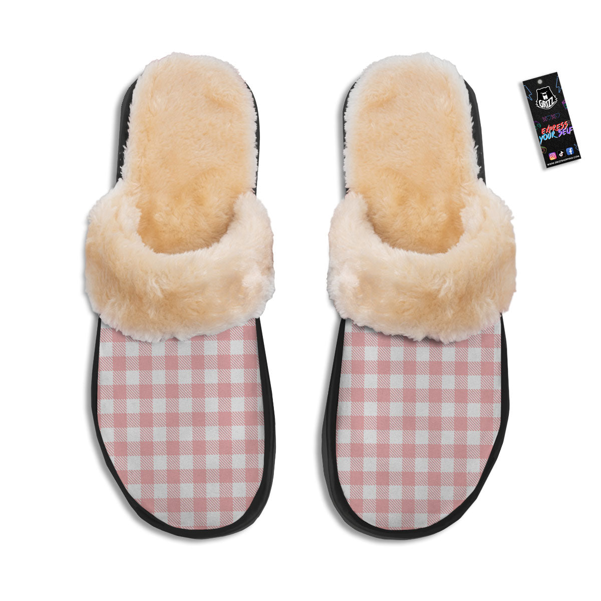 Pink And White Gingham Print Pattern Slippers-grizzshop