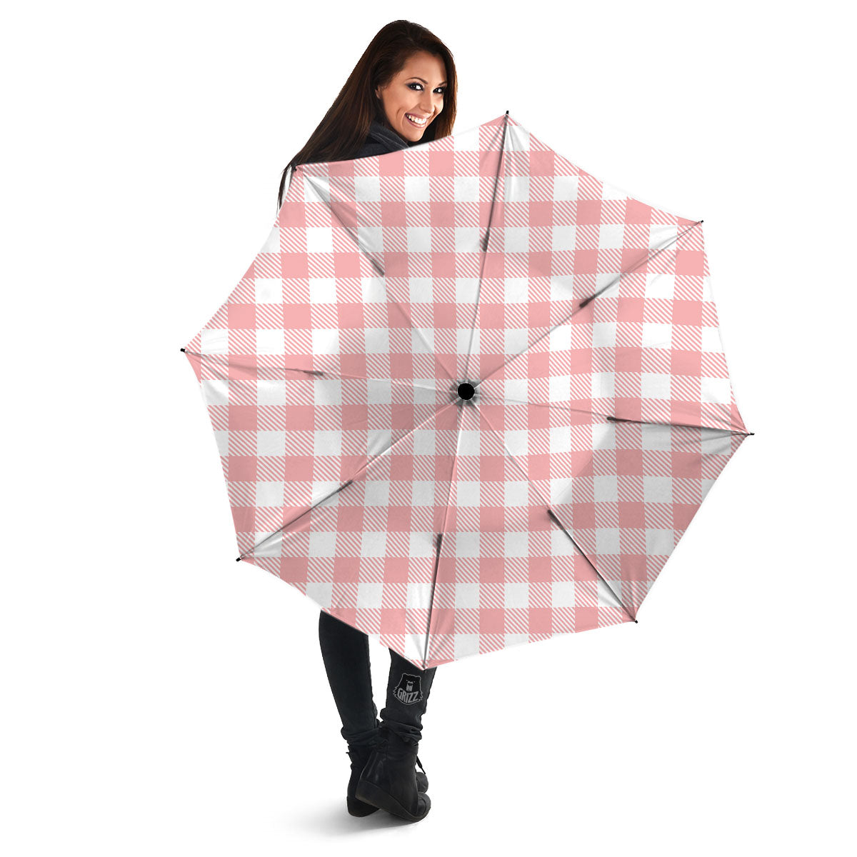 Pink And White Gingham Print Pattern Umbrella-grizzshop