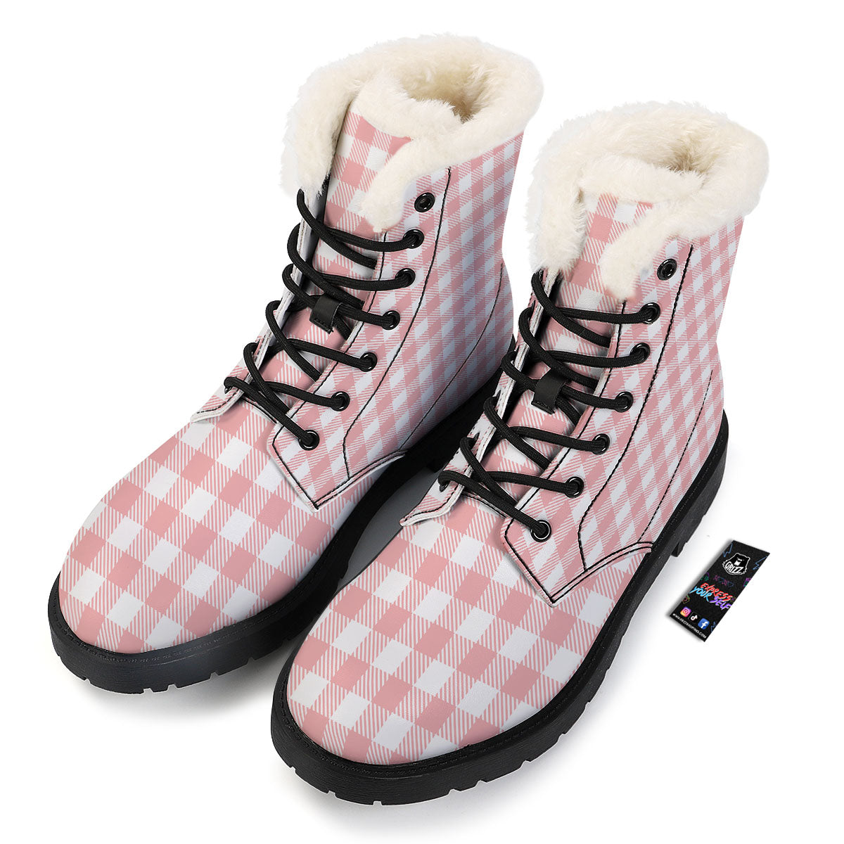 Pink And White Gingham Print Pattern Winter Boots-grizzshop