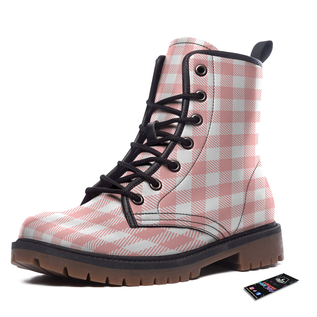 Pink And White Gingham Print Pattern Work Boots-grizzshop
