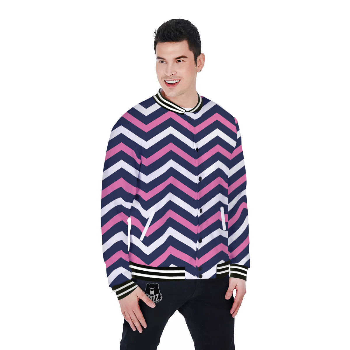 Pink And White Navy Chevron Print Baseball Jacket-grizzshop