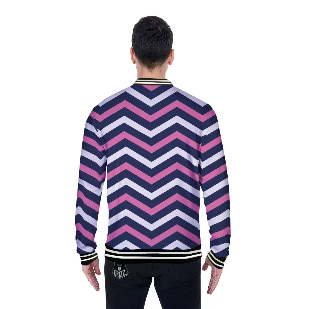 Pink And White Navy Chevron Print Baseball Jacket-grizzshop