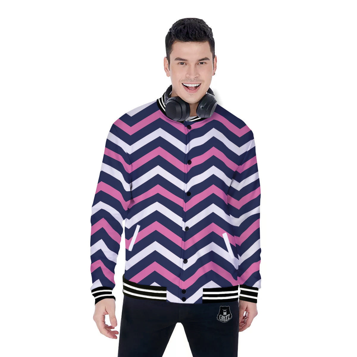 Pink And White Navy Chevron Print Baseball Jacket-grizzshop