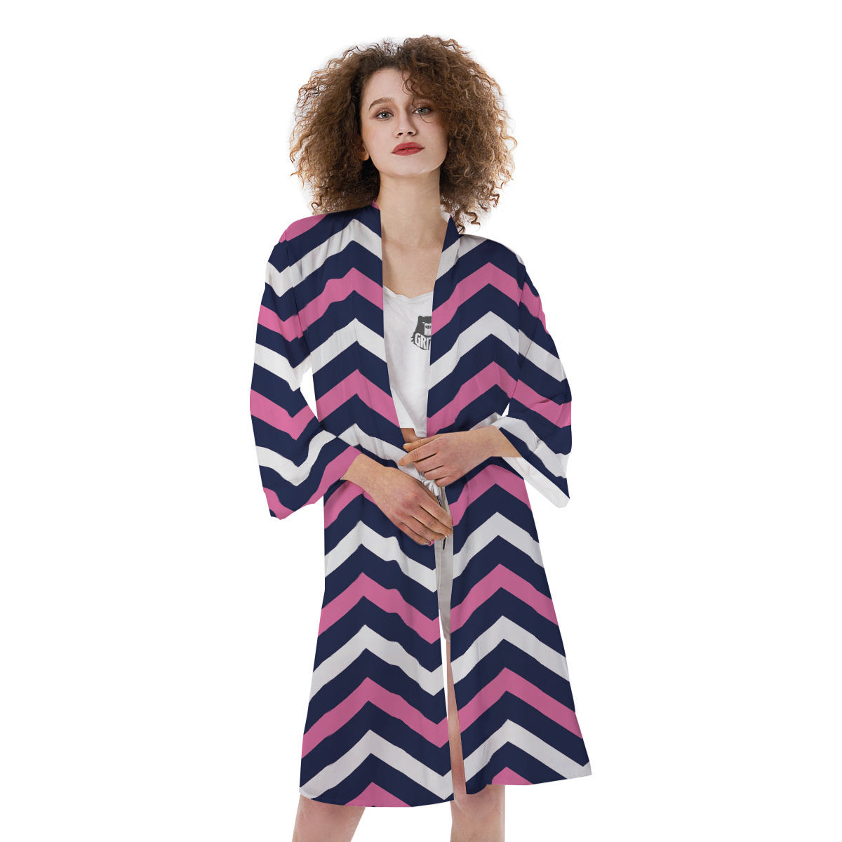 Pink And White Navy Chevron Print Kimono-grizzshop