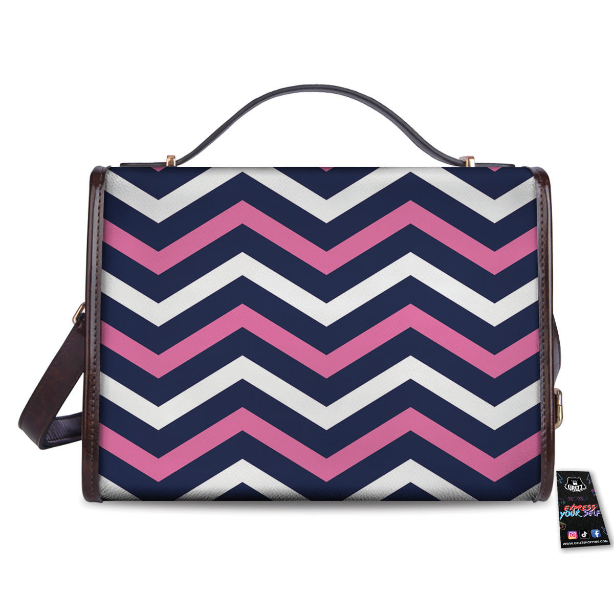 Pink And White Navy Chevron Print Women's Satchel Bag-grizzshop