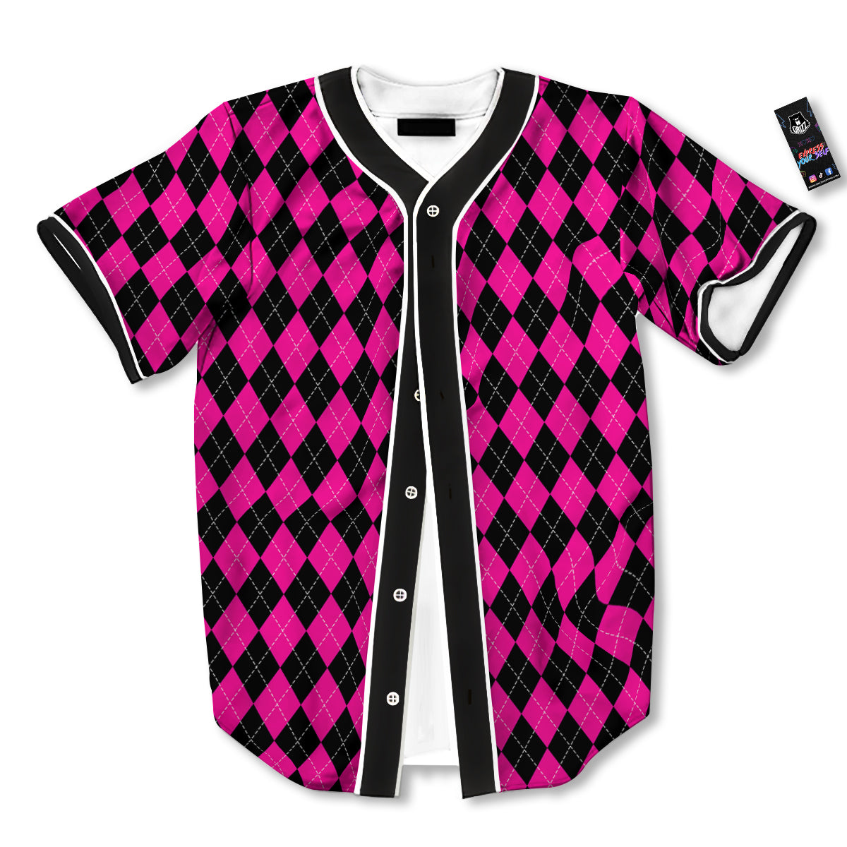 Pink Argyle Deep And Black Print Pattern Baseball Jersey-grizzshop