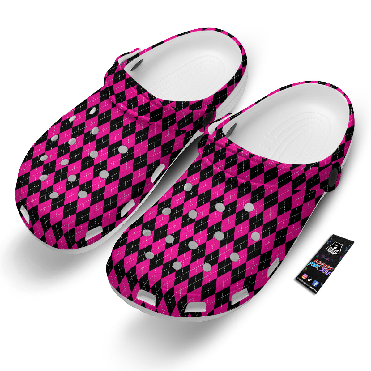 Pink Argyle Deep And Black Print Pattern Clog-grizzshop