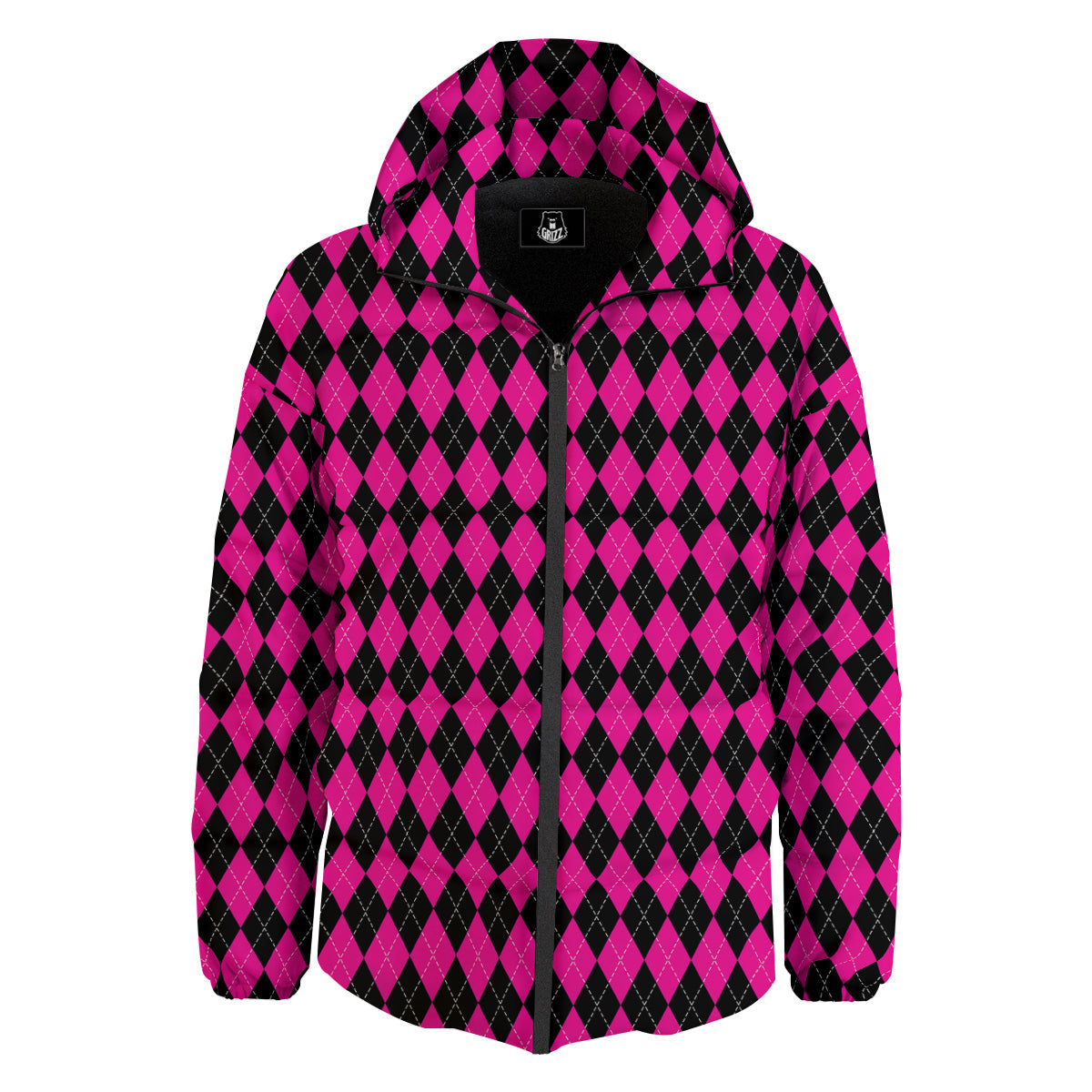 Pink Argyle Deep And Black Print Pattern Down Jacket-grizzshop