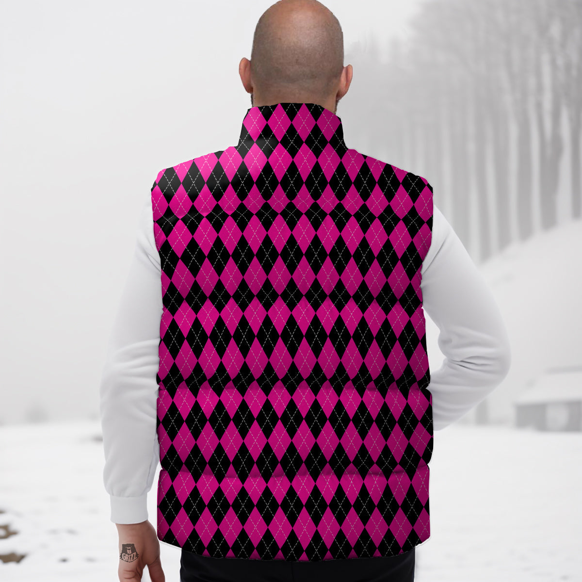 Pink Argyle Deep And Black Print Pattern Down Vest-grizzshop