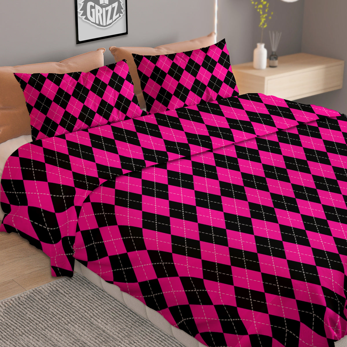 Pink Argyle Deep And Black Print Pattern Duvet Cover Bedding Set