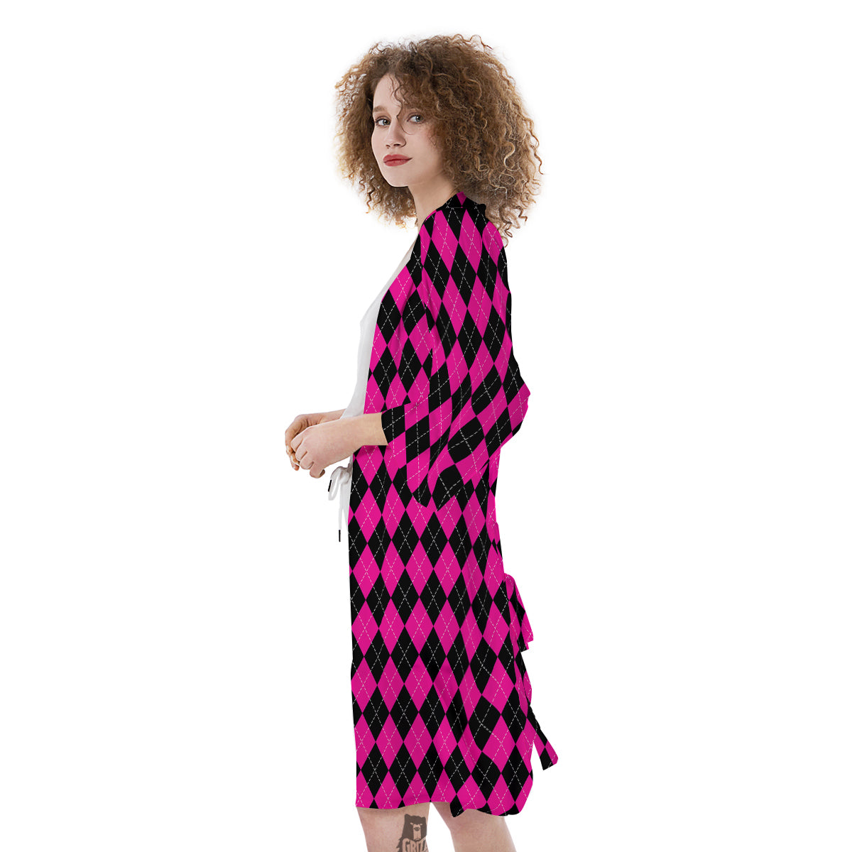 Pink Argyle Deep And Black Print Pattern Kimono-grizzshop