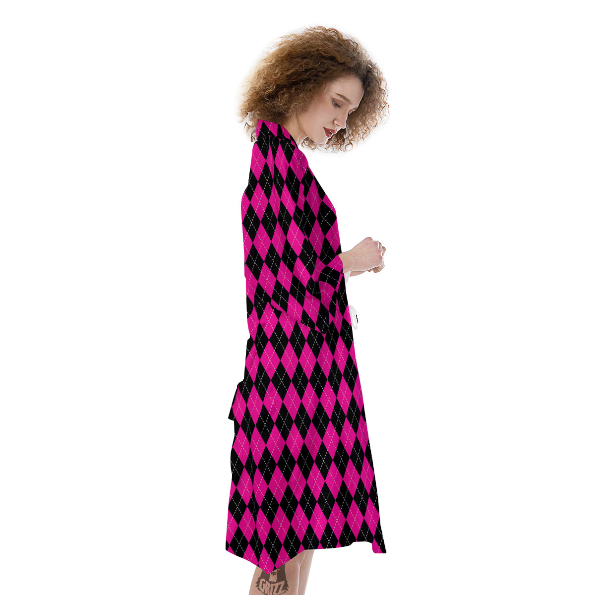 Pink Argyle Deep And Black Print Pattern Kimono-grizzshop