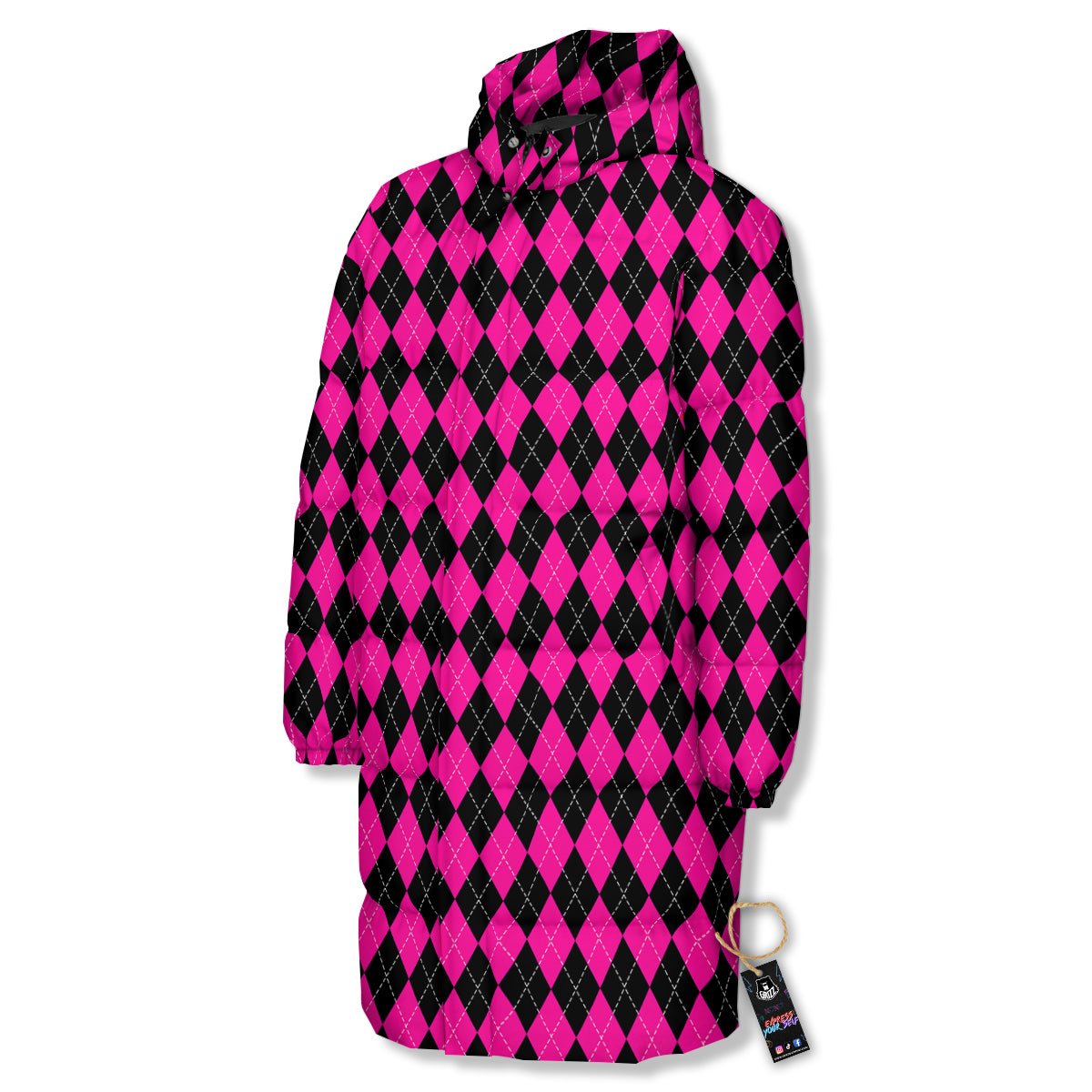 Pink Argyle Deep And Black Print Pattern Long Down Jacket-grizzshop
