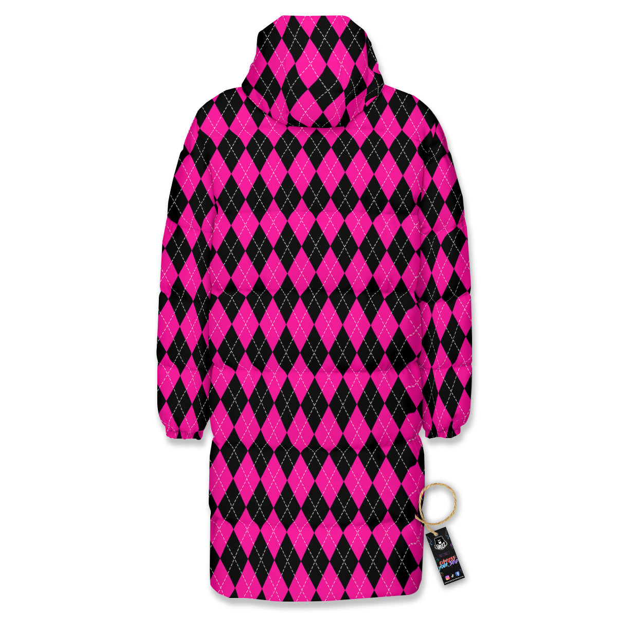 Pink Argyle Deep And Black Print Pattern Long Down Jacket-grizzshop
