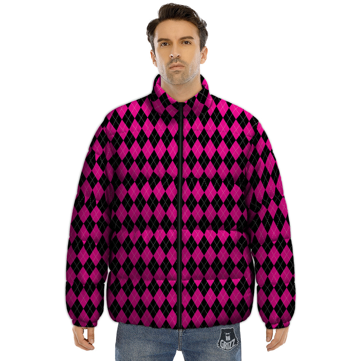 Pink Argyle Deep And Black Print Pattern Puffer Jacket-grizzshop