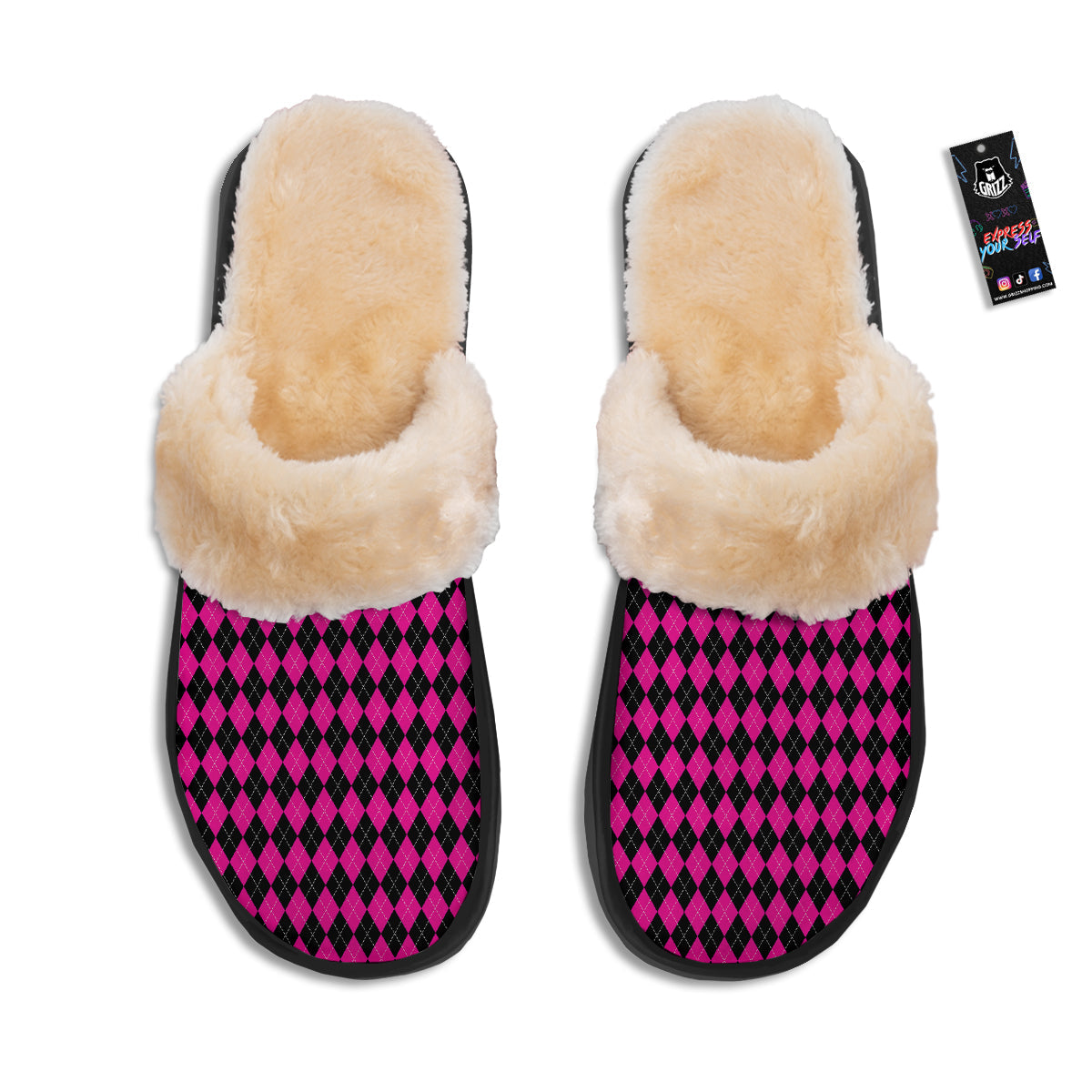 Pink Argyle Deep And Black Print Pattern Slippers-grizzshop
