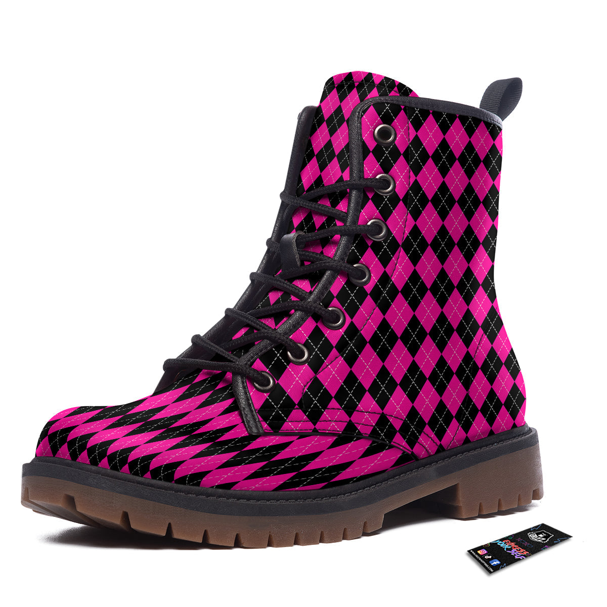 Pink Argyle Deep And Black Print Pattern Work Boots-grizzshop