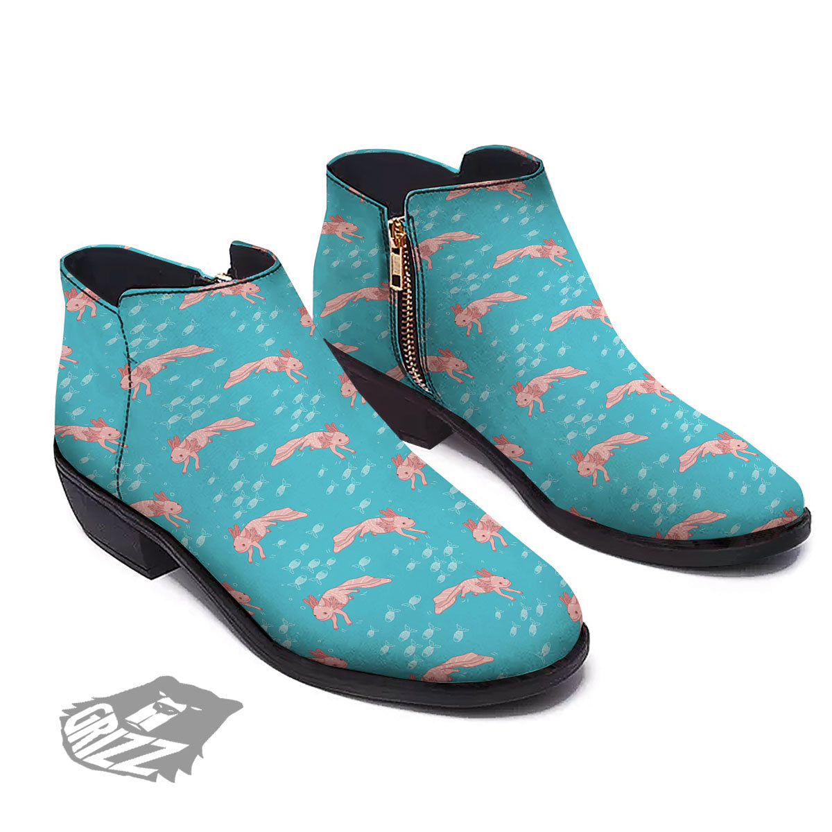 Pink Axolotl Teal Print Pattern Ankle Boots-grizzshop
