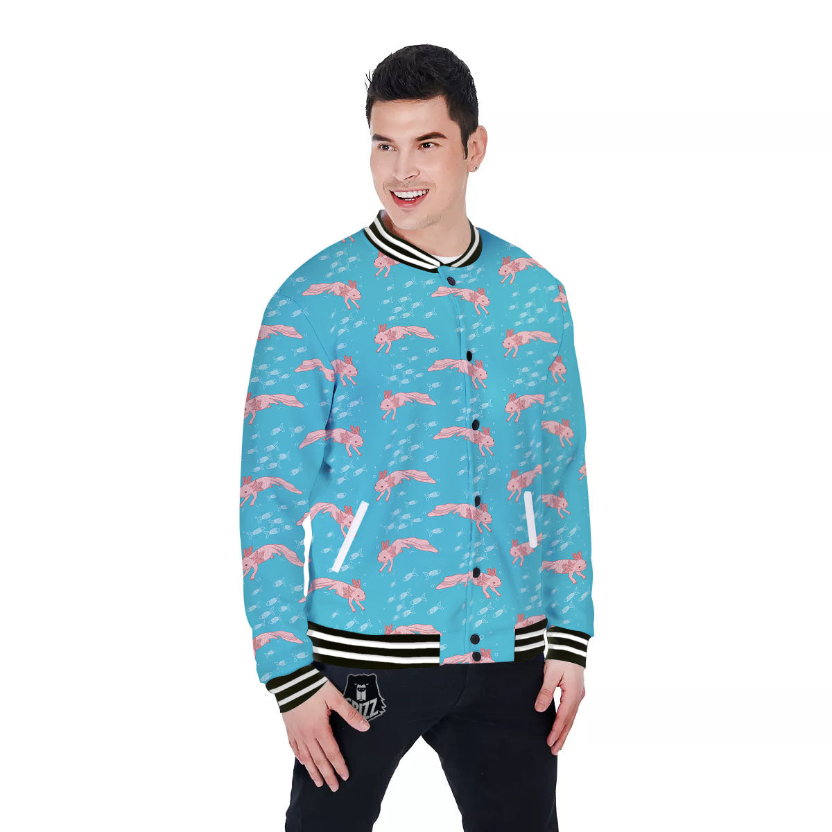 Pink Axolotl Teal Print Pattern Baseball Jacket-grizzshop
