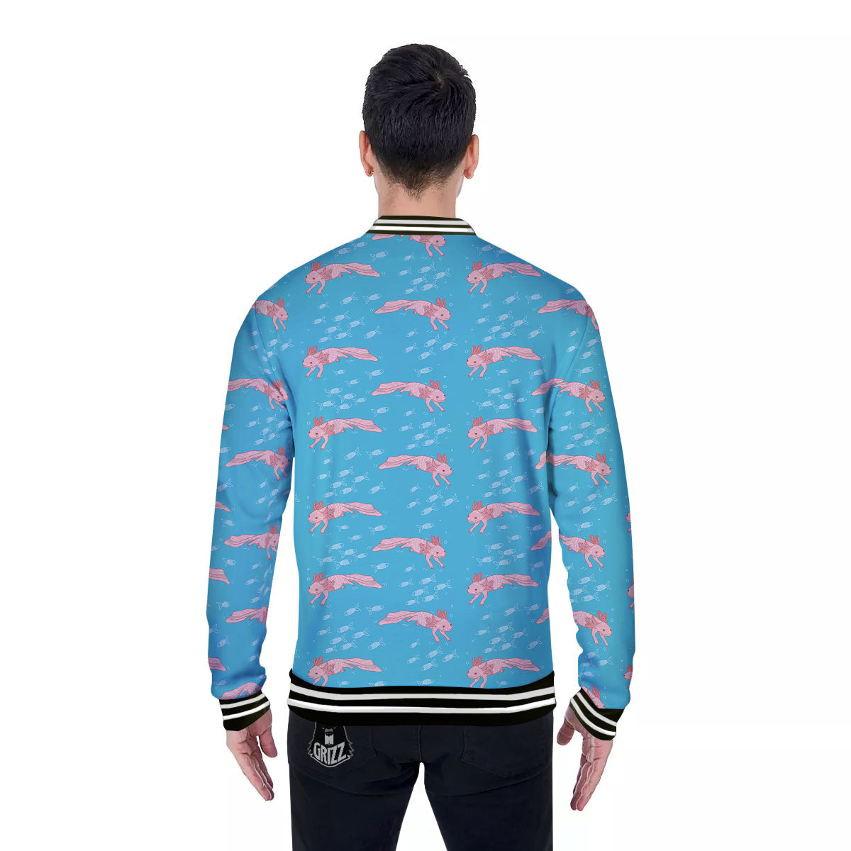 Pink Axolotl Teal Print Pattern Baseball Jacket-grizzshop