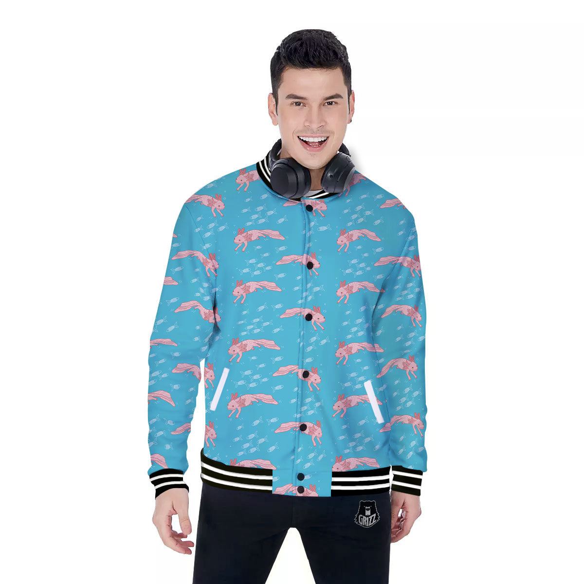 Pink Axolotl Teal Print Pattern Baseball Jacket-grizzshop