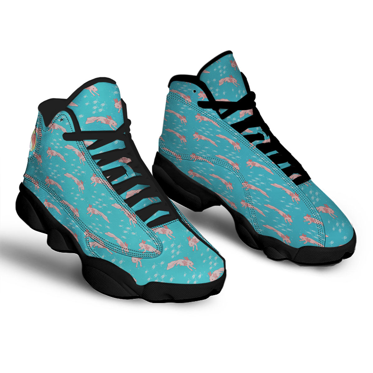 Pink Axolotl Teal Print Pattern Black Basketball Shoes-grizzshop