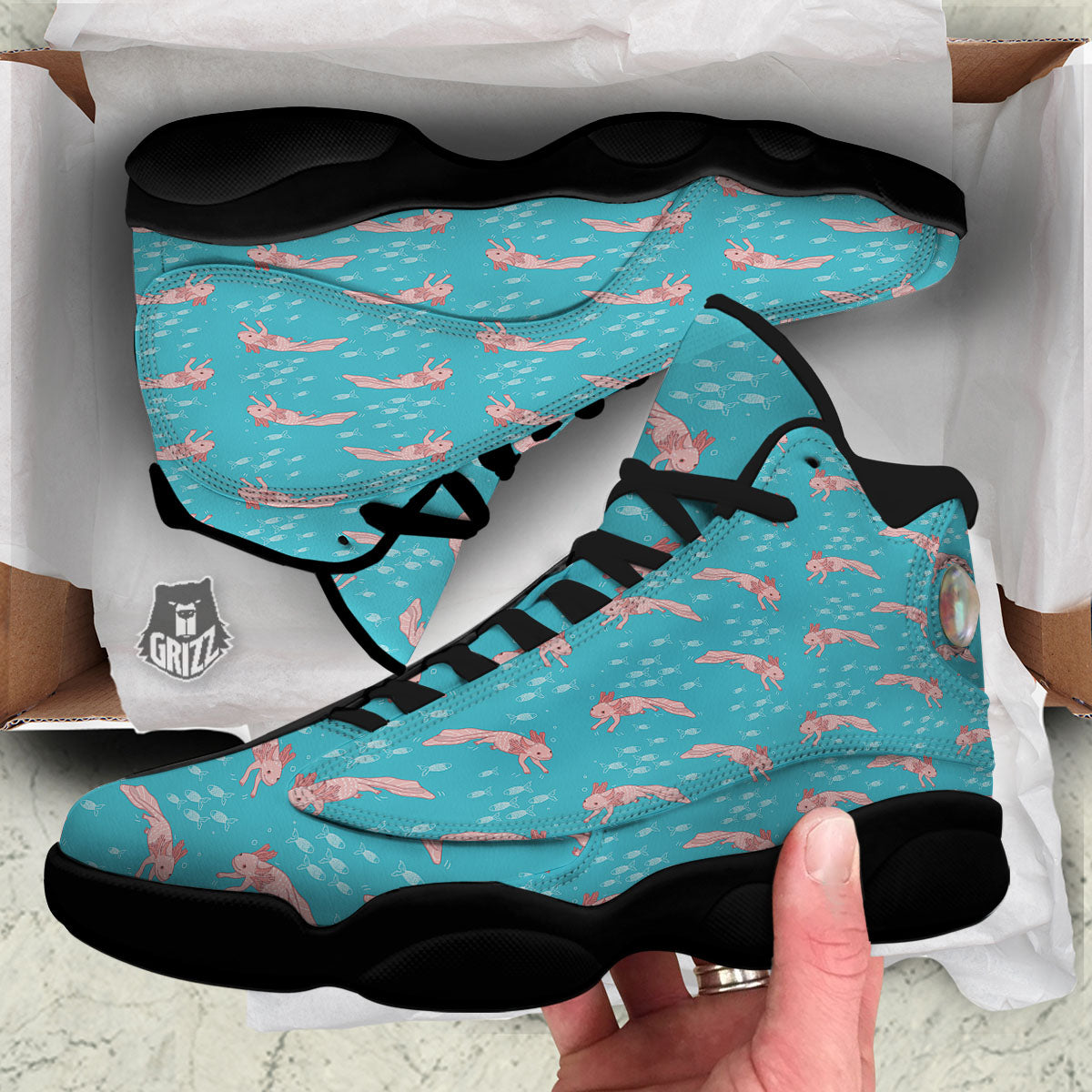Pink Axolotl Teal Print Pattern Black Basketball Shoes-grizzshop