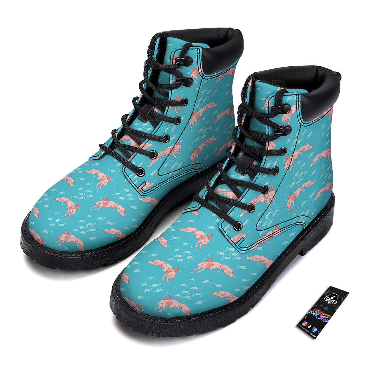 Pink Axolotl Teal Print Pattern Boots-grizzshop