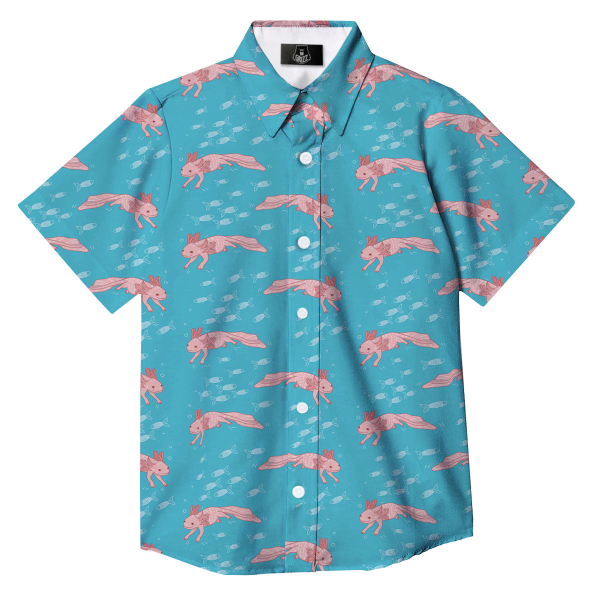 Pink Axolotl Teal Print Pattern Button Up Shirt-grizzshop