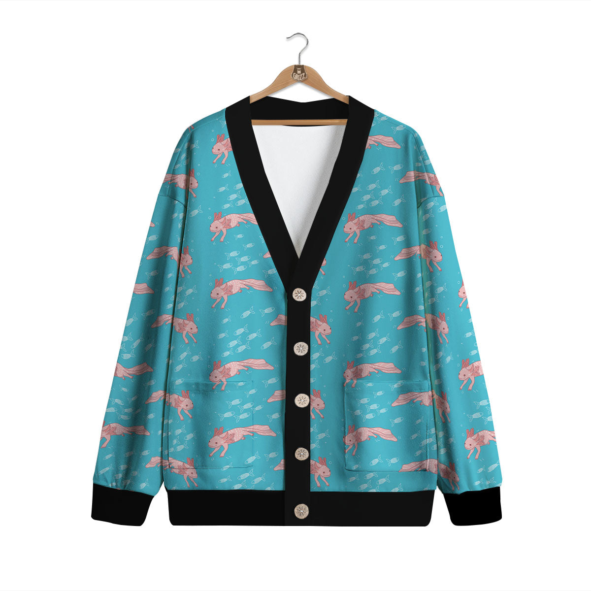 Pink Axolotl Teal Print Pattern Cardigan-grizzshop
