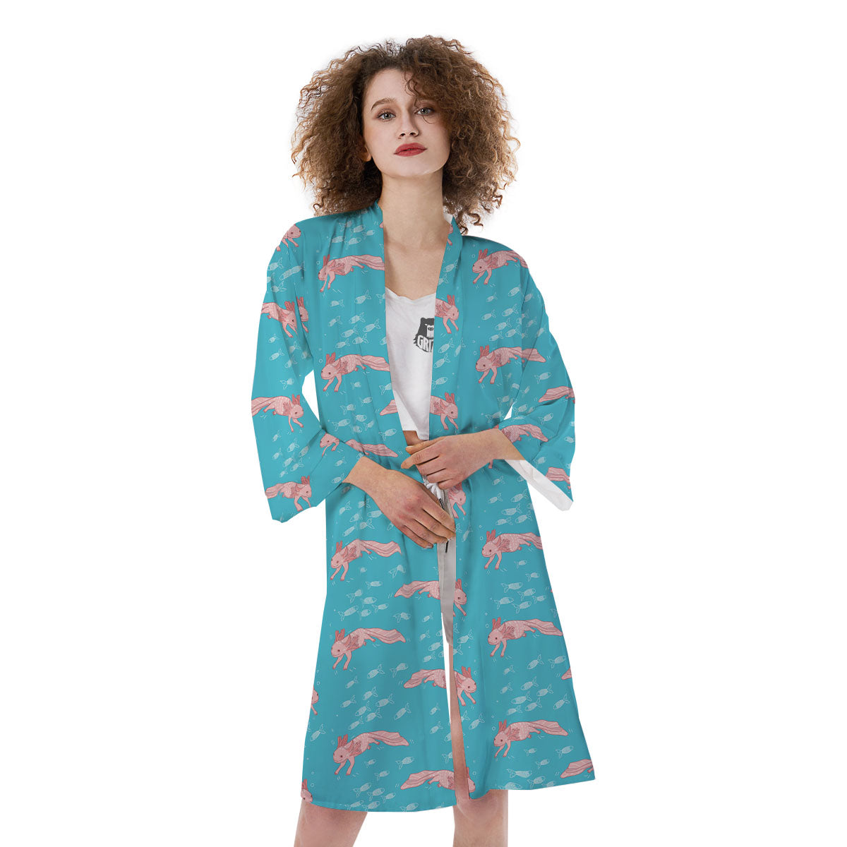 Pink Axolotl Teal Print Pattern Kimono-grizzshop
