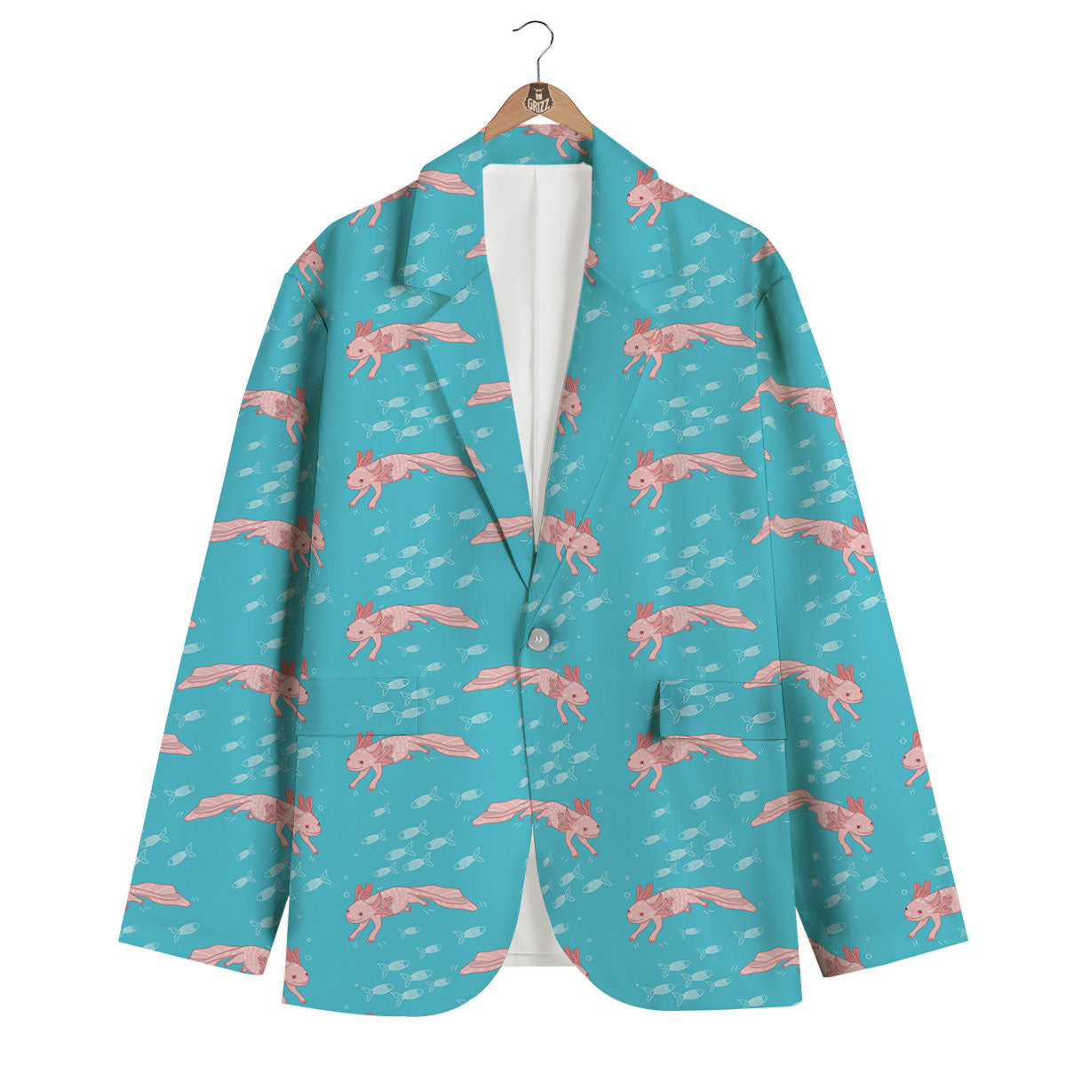 Pink Axolotl Teal Print Pattern Men's Blazer-grizzshop