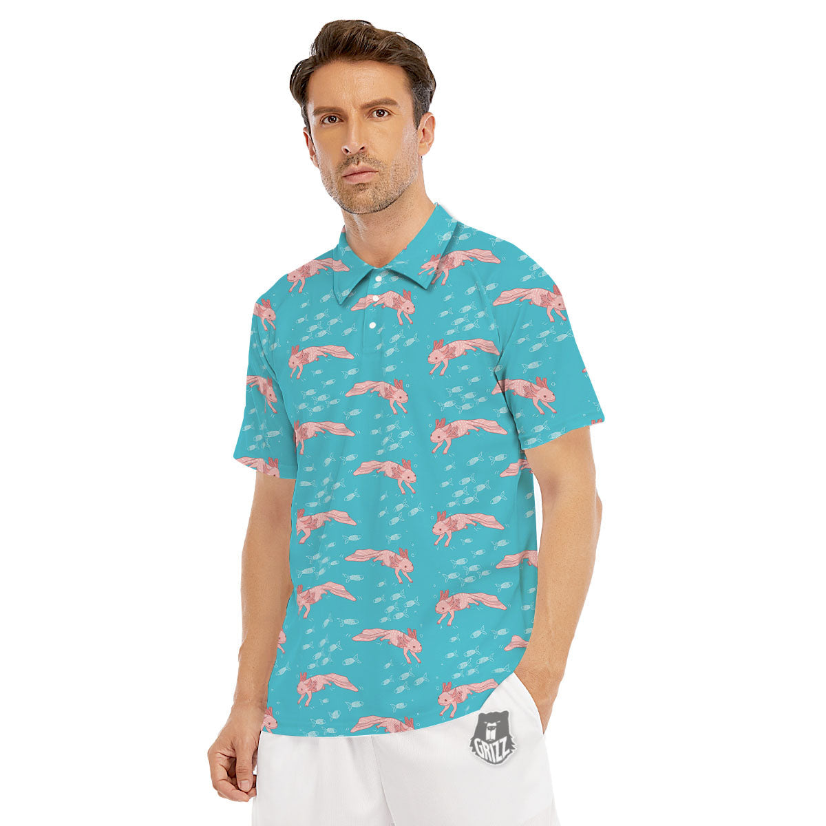 Pink Axolotl Teal Print Pattern Men's Golf Shirts-grizzshop