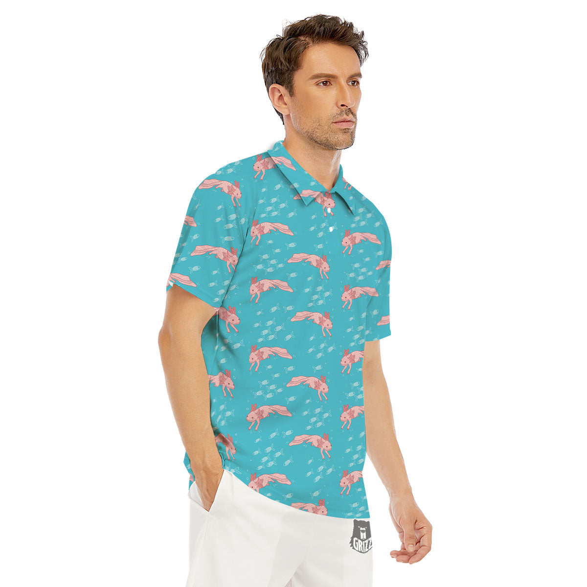 Pink Axolotl Teal Print Pattern Men's Golf Shirts-grizzshop