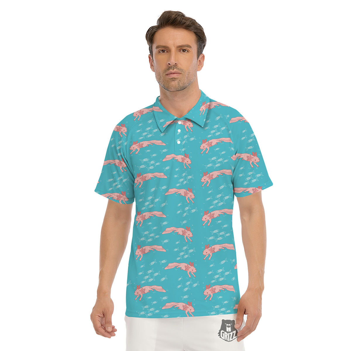 Pink Axolotl Teal Print Pattern Men's Golf Shirts-grizzshop