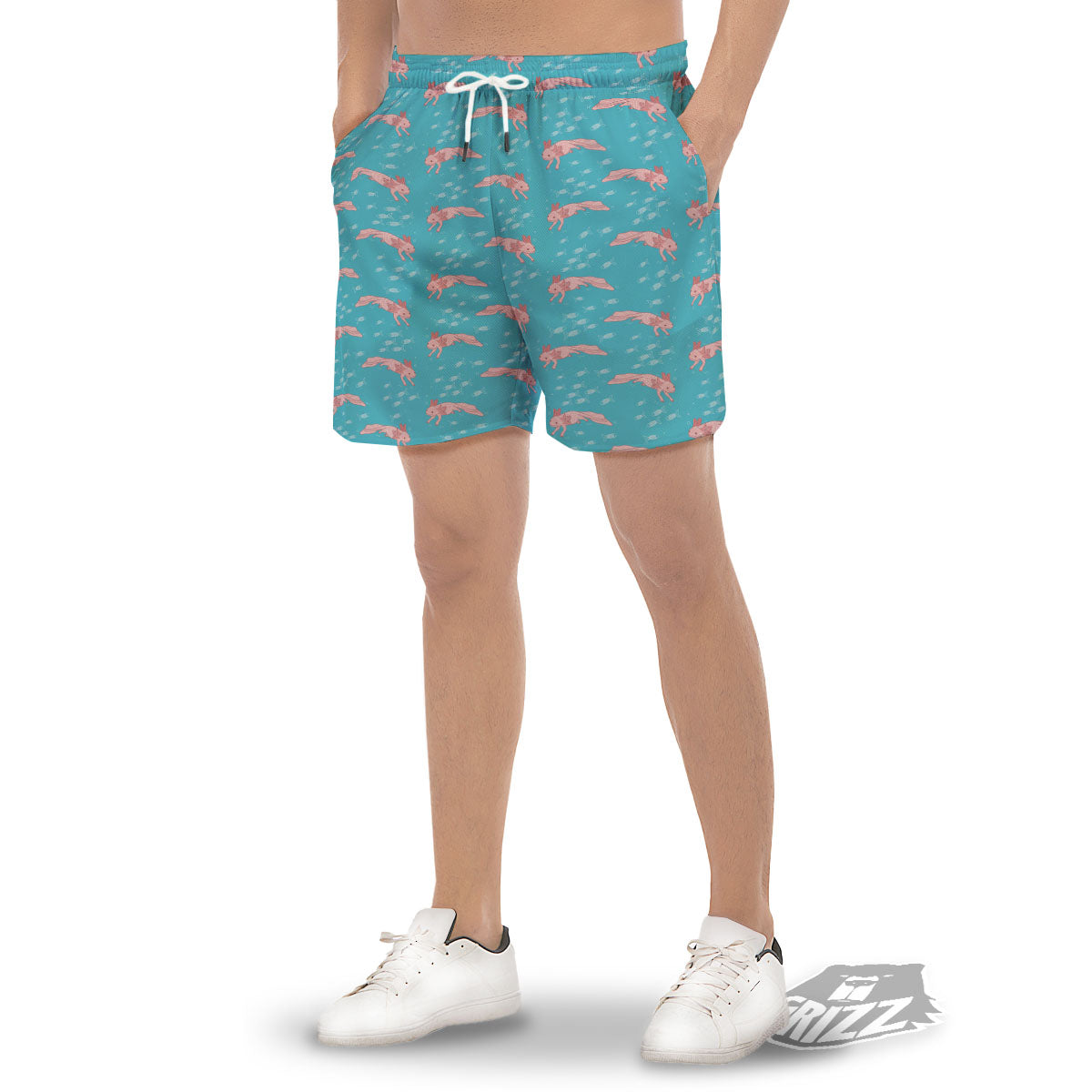 Pink Axolotl Teal Print Pattern Men's Gym Shorts-grizzshop