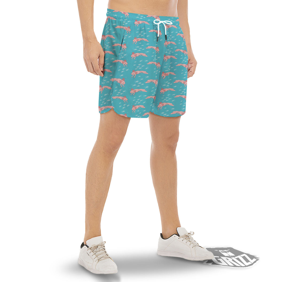 Pink Axolotl Teal Print Pattern Men's Gym Shorts-grizzshop