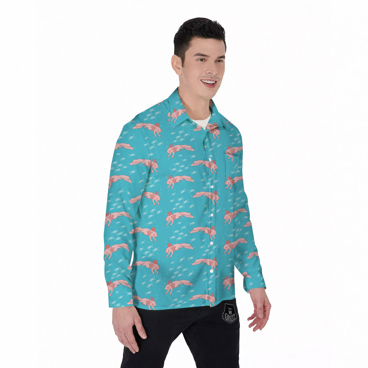 Pink Axolotl Teal Print Pattern Men's Long Sleeve Shirts-grizzshop