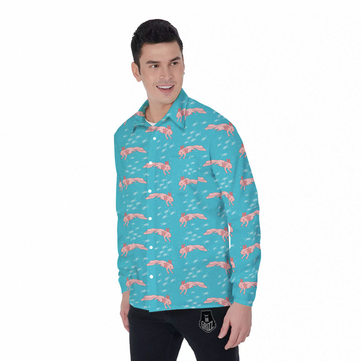 Pink Axolotl Teal Print Pattern Men's Long Sleeve Shirts-grizzshop