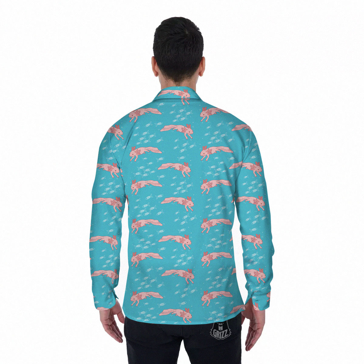 Pink Axolotl Teal Print Pattern Men's Long Sleeve Shirts-grizzshop
