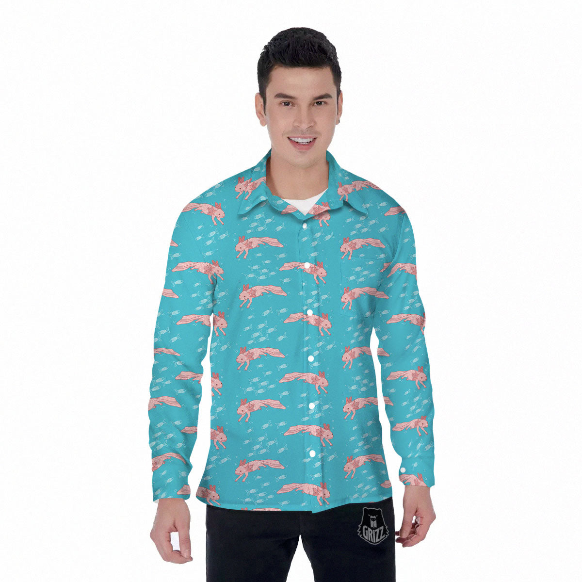 Pink Axolotl Teal Print Pattern Men's Long Sleeve Shirts-grizzshop