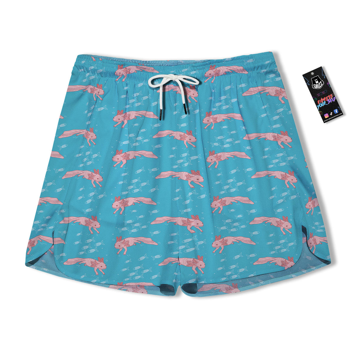 Pink Axolotl Teal Print Pattern Men's Running Shorts-grizzshop
