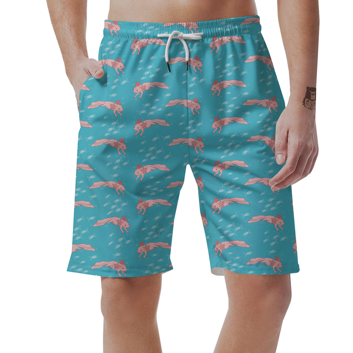 Pink Axolotl Teal Print Pattern Men's Shorts-grizzshop