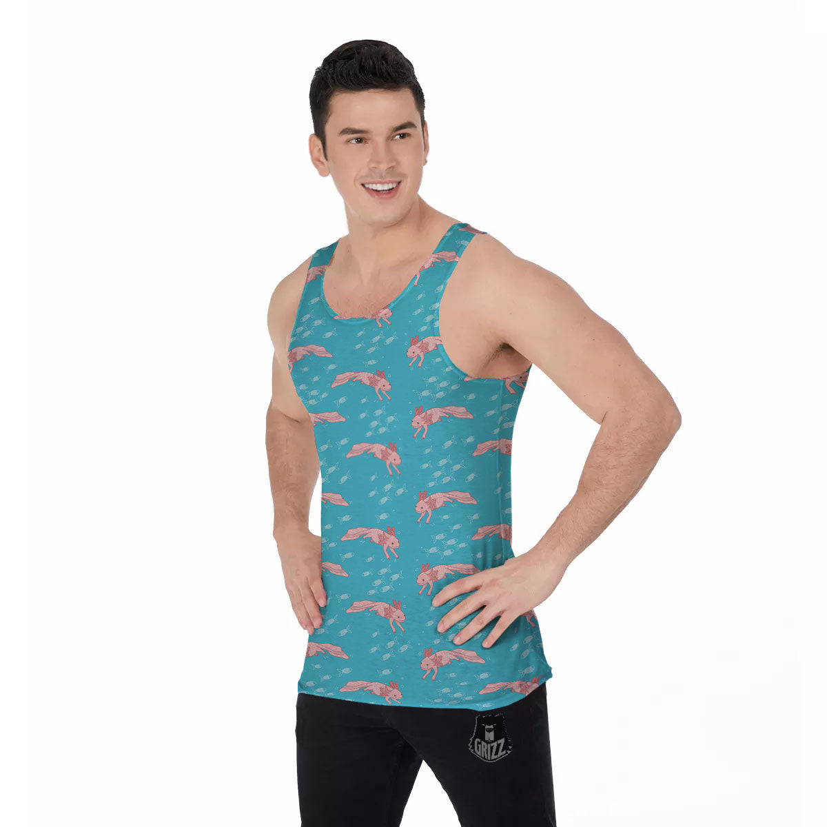 Pink Axolotl Teal Print Pattern Men's Tank Top-grizzshop