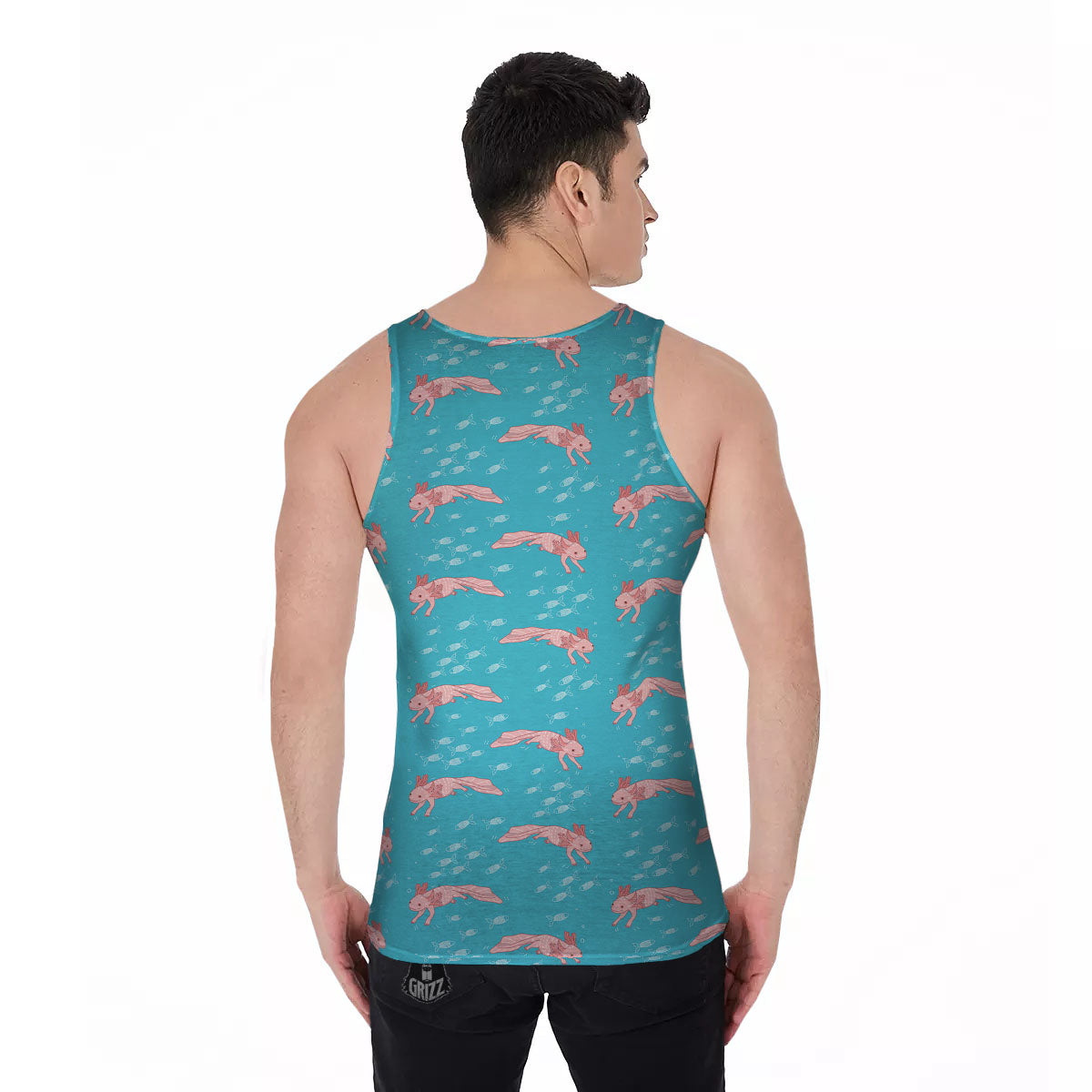 Pink Axolotl Teal Print Pattern Men's Tank Top-grizzshop