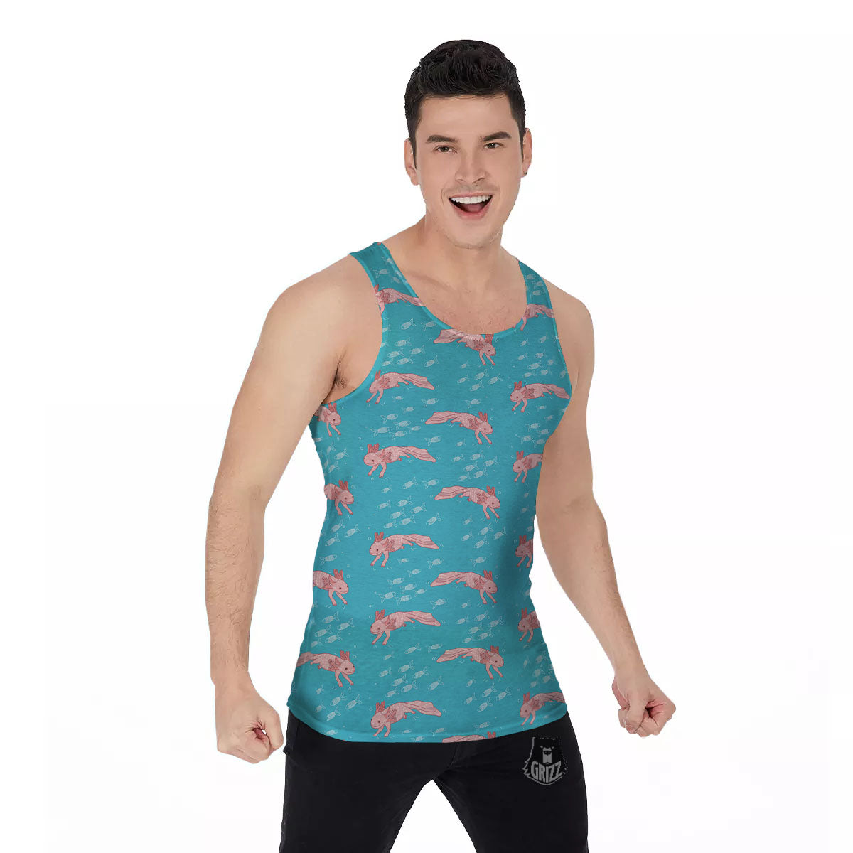Pink Axolotl Teal Print Pattern Men's Tank Top-grizzshop