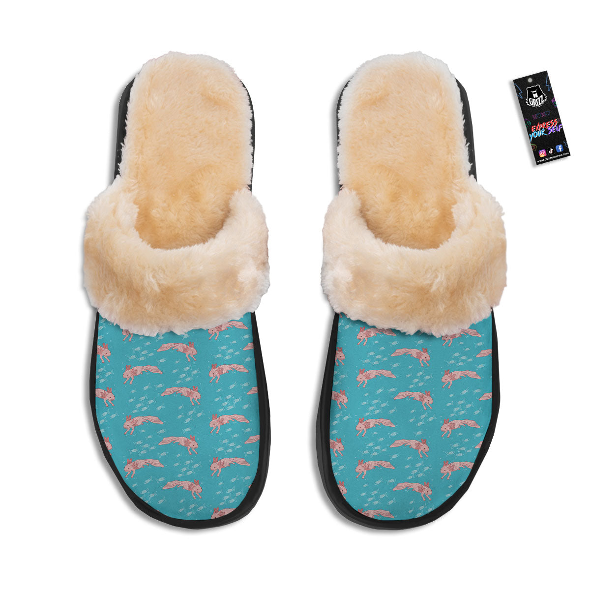 Pink Axolotl Teal Print Pattern Slippers-grizzshop