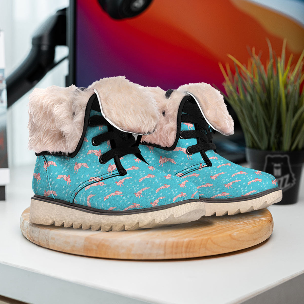 Pink Axolotl Teal Print Pattern Snow Boots-grizzshop